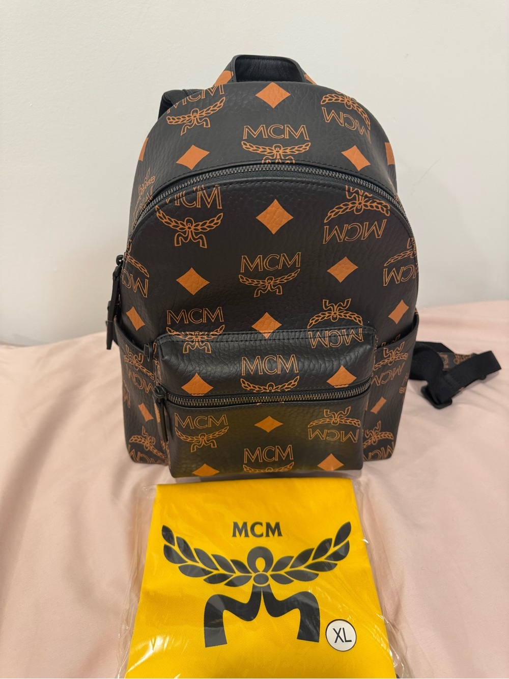 MCM Visetos Logo Print Leather Backpack in Black/Visetos